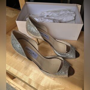 Jimmy Choo Logan Champagne Gold Glitter Peep-Toe D'Orsay Heels